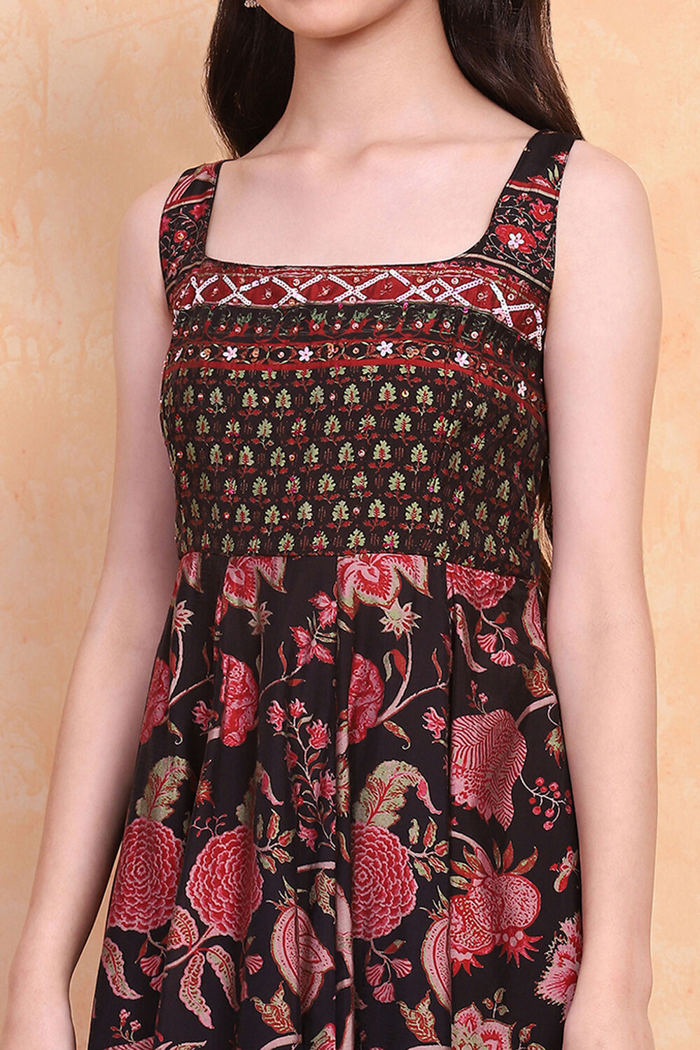 Black Floral Printed Kalidar Suit Set image number 1