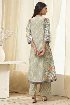 Sage Green Pure Cotton Floral Kalidar Suit Set image number 4