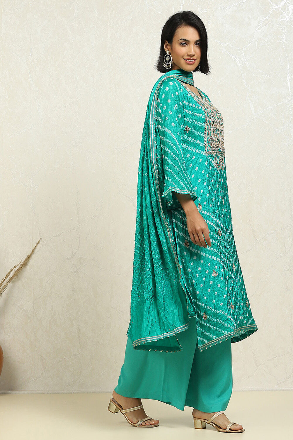 Orange Silk Blend Bandhej Crinkled Unstitched Suit Set image number 6