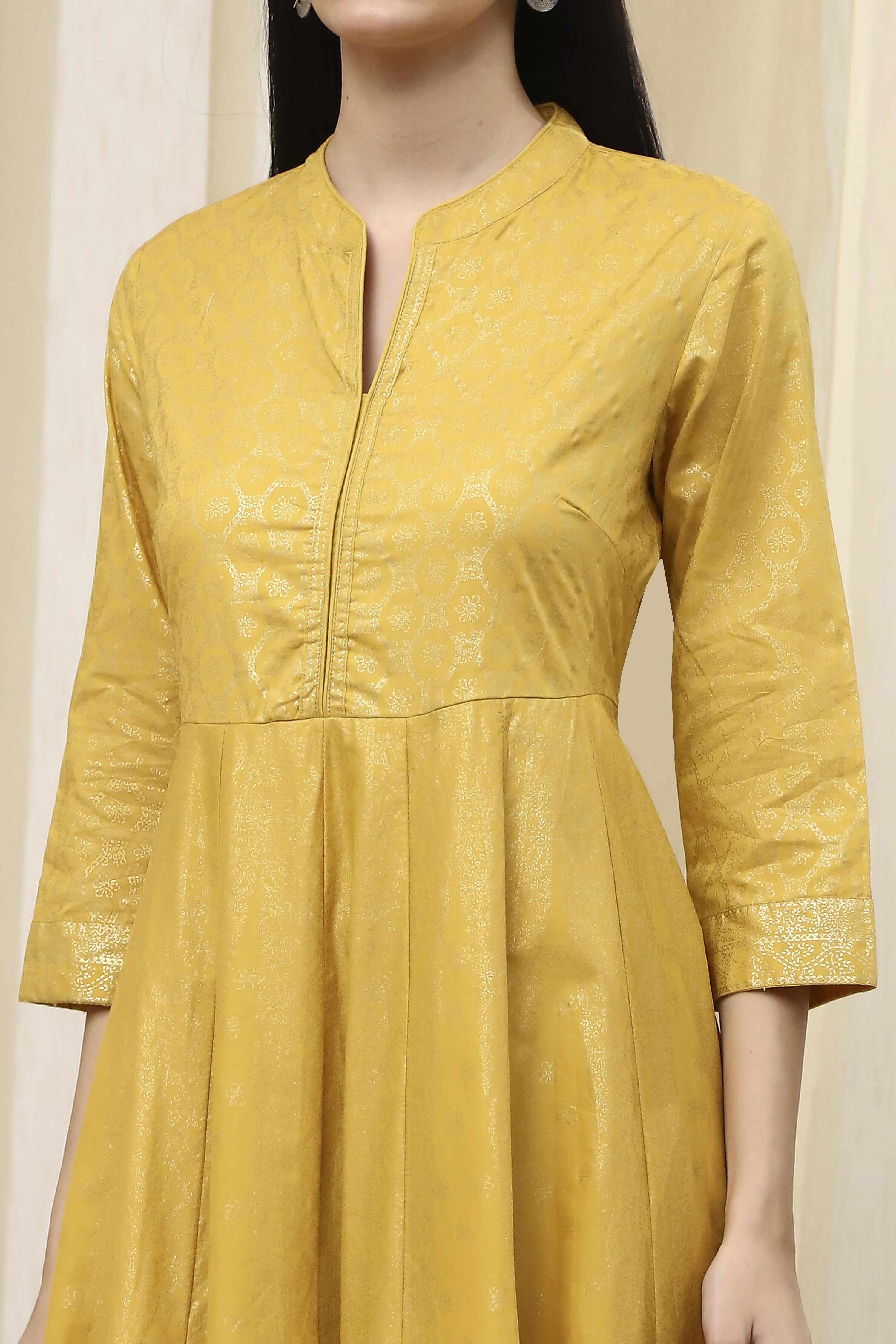 Lime Yellow Cotton Layered Anarkali Dress image number 1