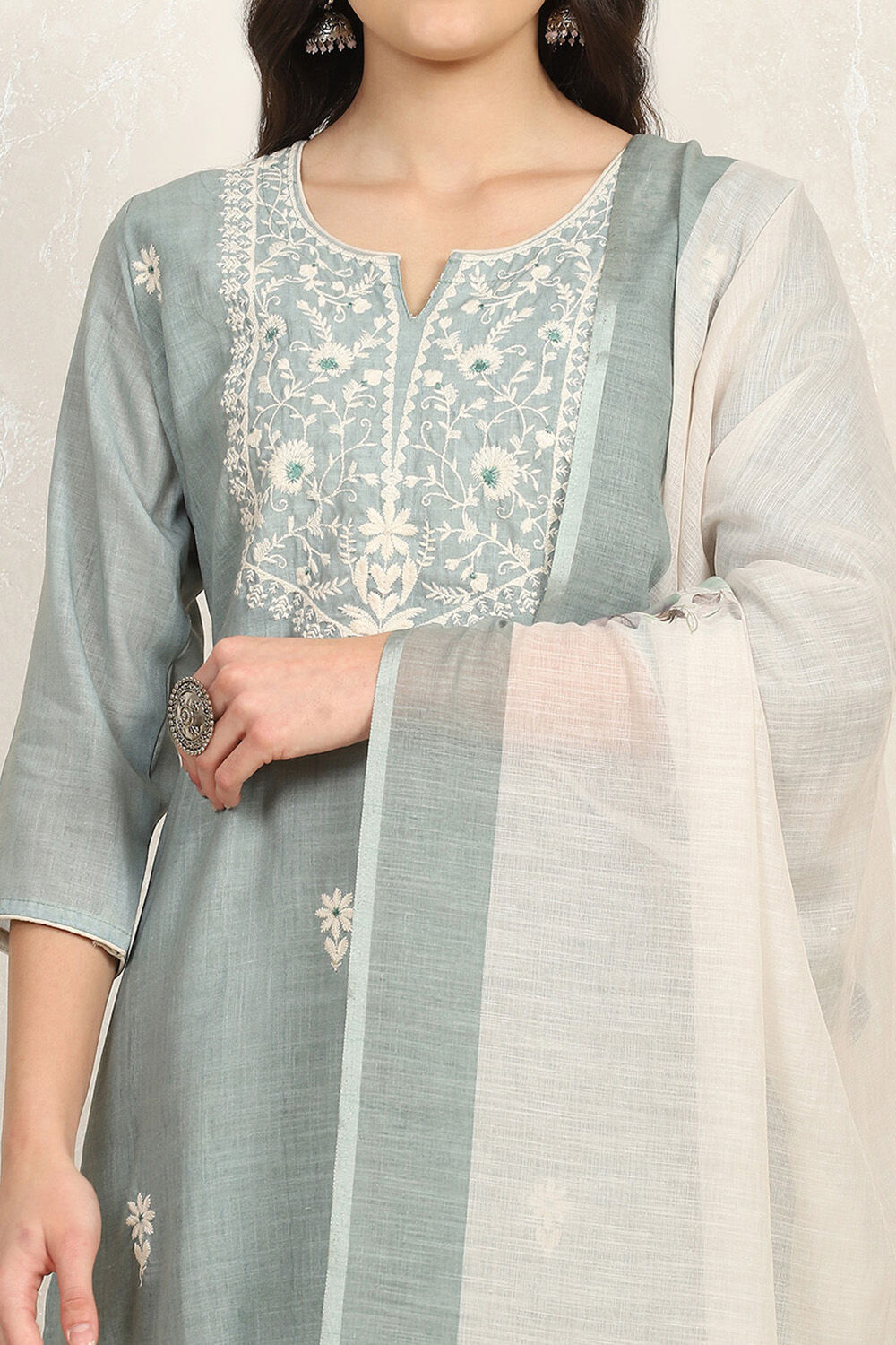 Teal Cotton Embroidered Unstitched Suit Set image number 2
