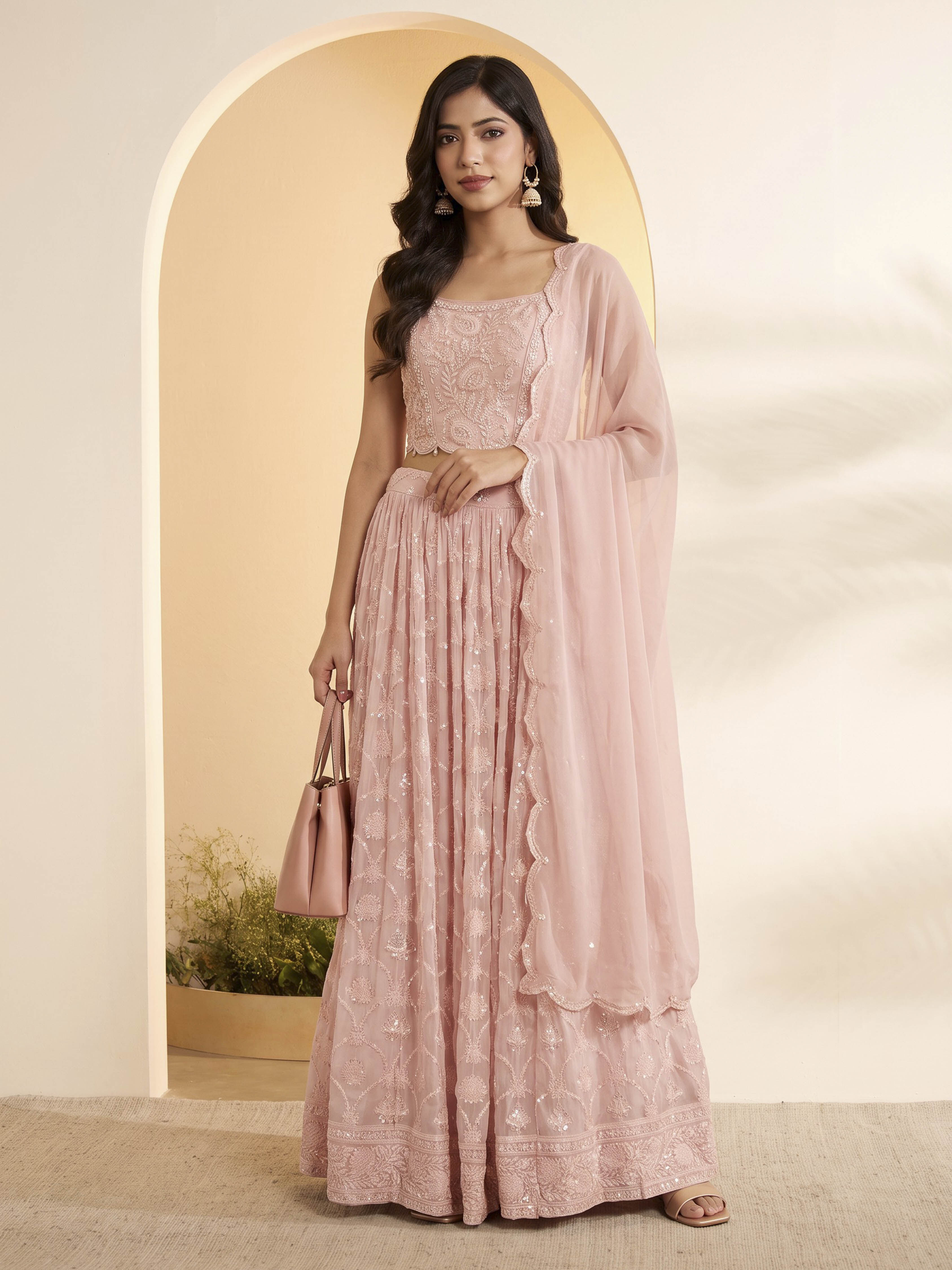 Pink Viscose Rayon Embellished Kalidar Lehenga Set image number 0