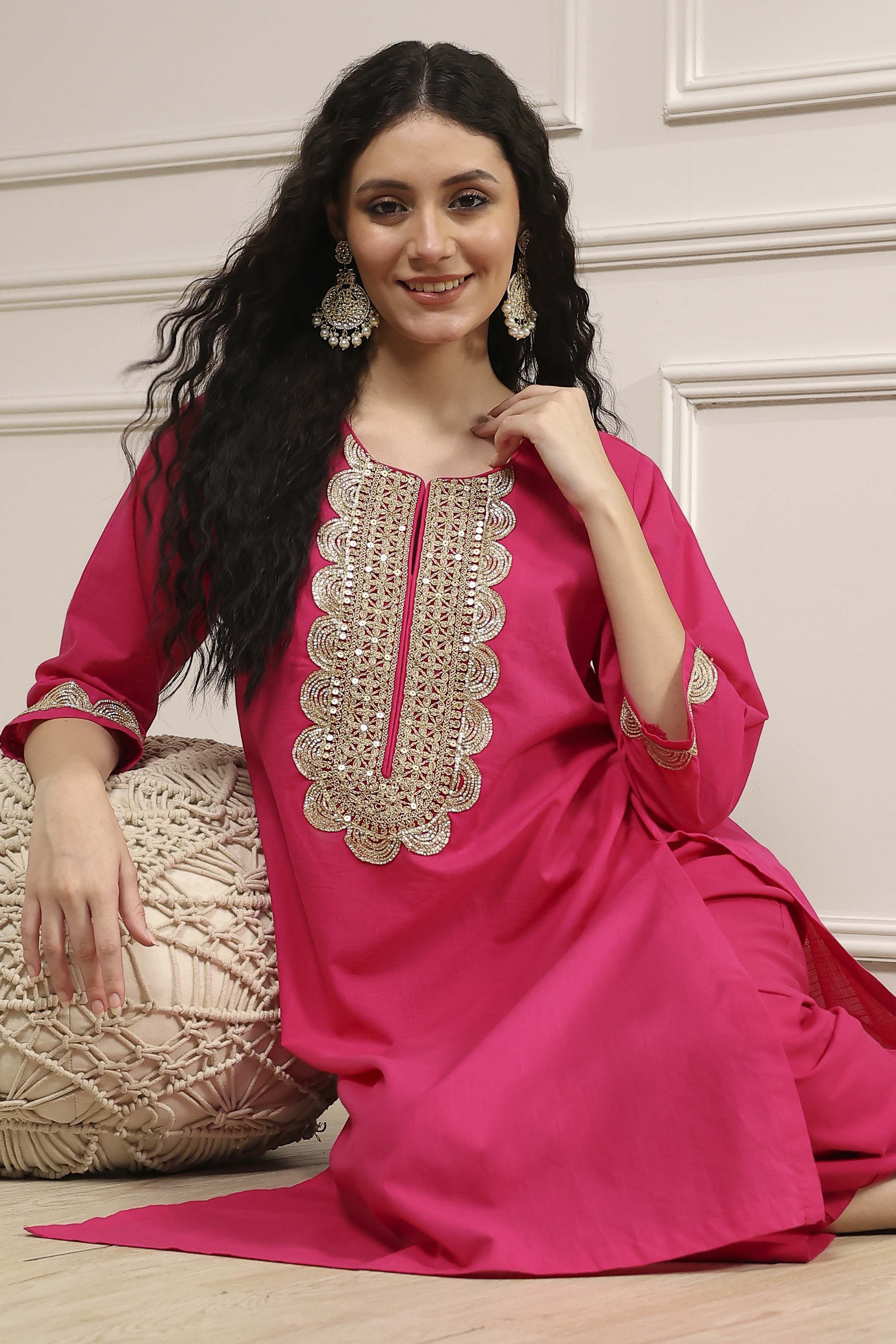 Fuchsia Cotton Solid Straight Kurta image number 0