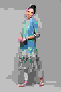 Teal Cotton A-Line Printed Kurta image number 2