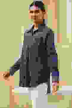 Blue Cotton Blend High-Low Straight Shirt image number 2