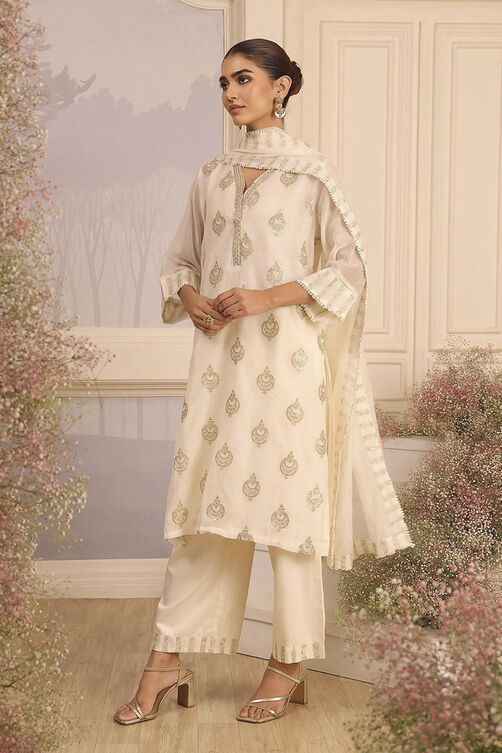 Off White Chanderi Straight Solid Suit Set image number 3