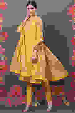 Rohit Bal Yellow Cotton Silk Straight Embroidered Suit Set image number 0