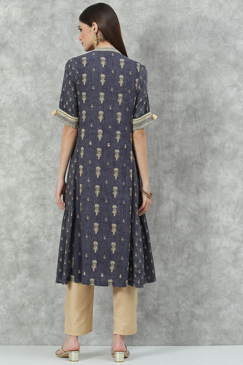 Denim Blue Rayon A-Line Printed Kurta image number 4