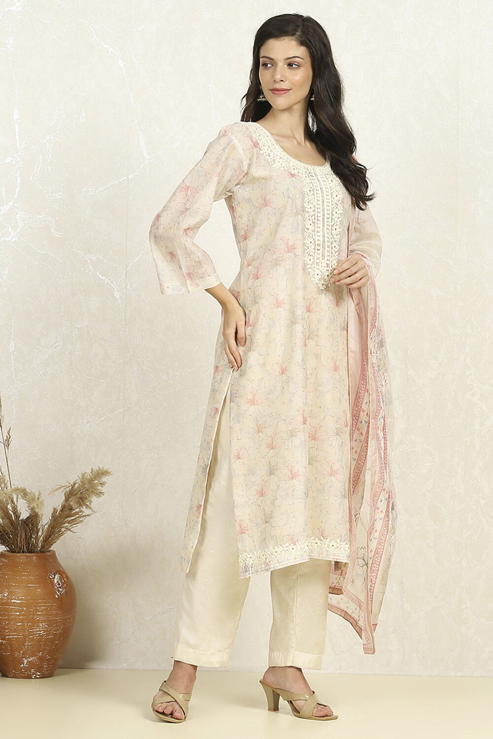 Beige Chanderi Unstitched Suit Set image number 6