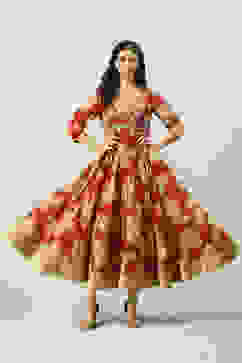 Wine Art Silk Flared Fusion Printed Dress image number 5