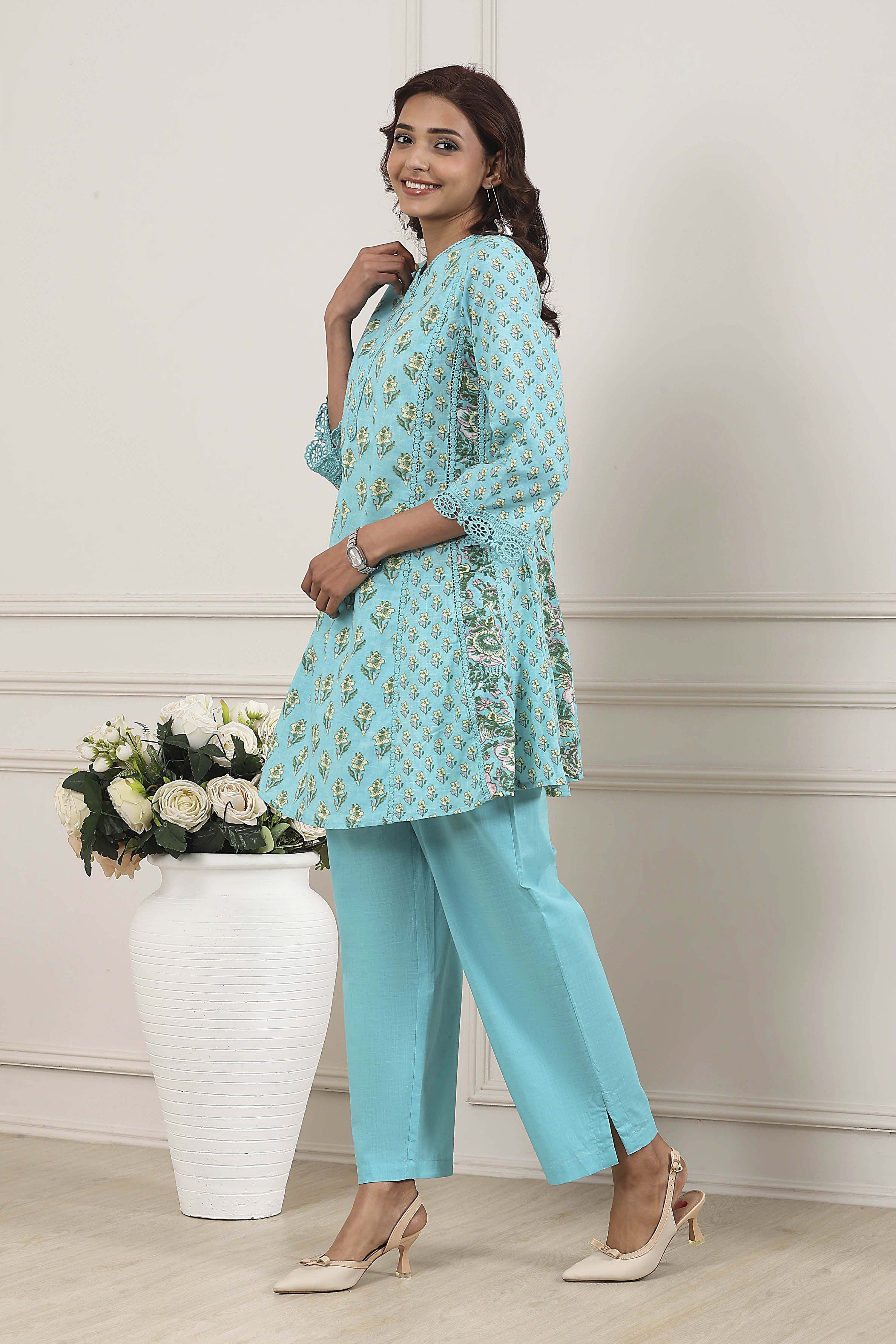 Turquoise Cotton Kalidar Kurta Pants Set image number 3