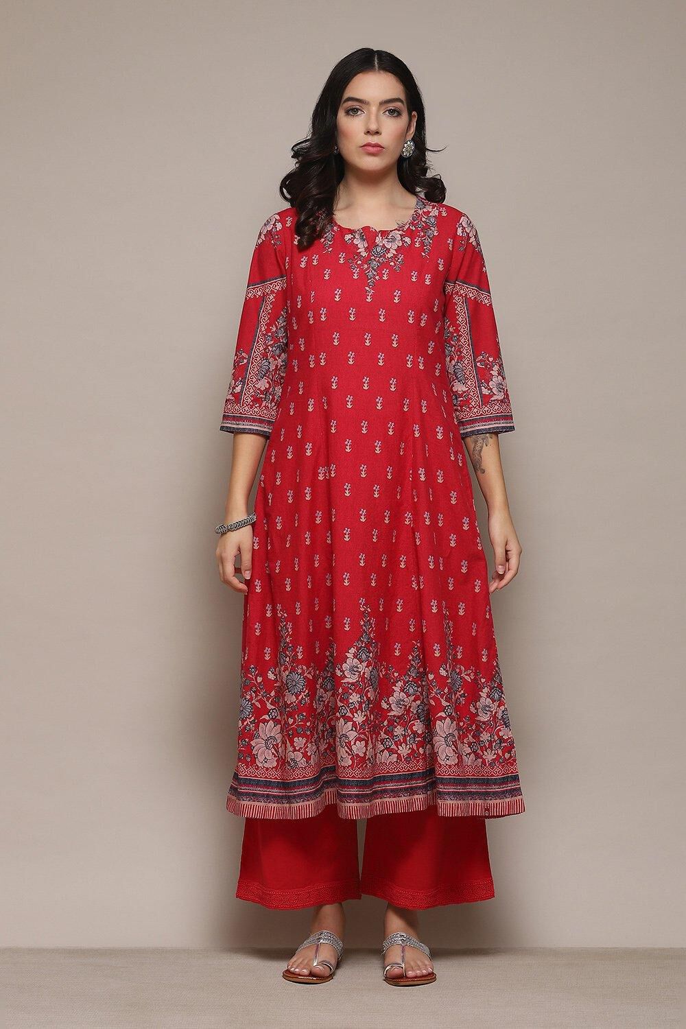 Red Cambric Kalidar Printed Kurta Palazzo Suit Set image number 7