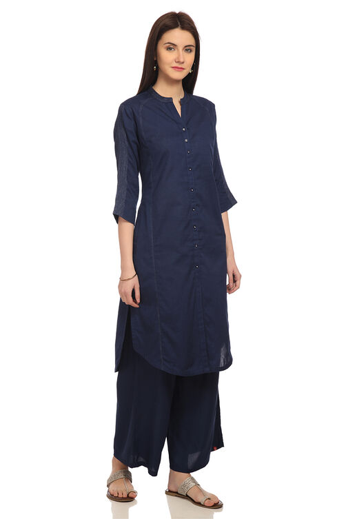 Red Front Open Cotton And Flax Solid Kurta image number 2