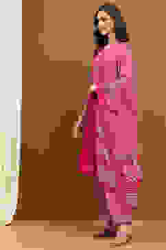 Fuchsia Modal Embroidered Festive Kalidar Suit Set image number 3