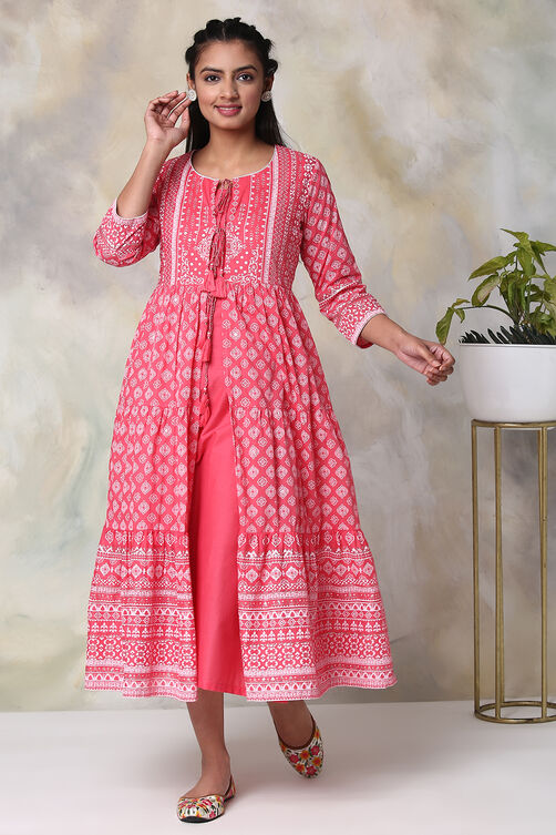Yellow Cotton Double Layered Printed Kurta Dress image number 5