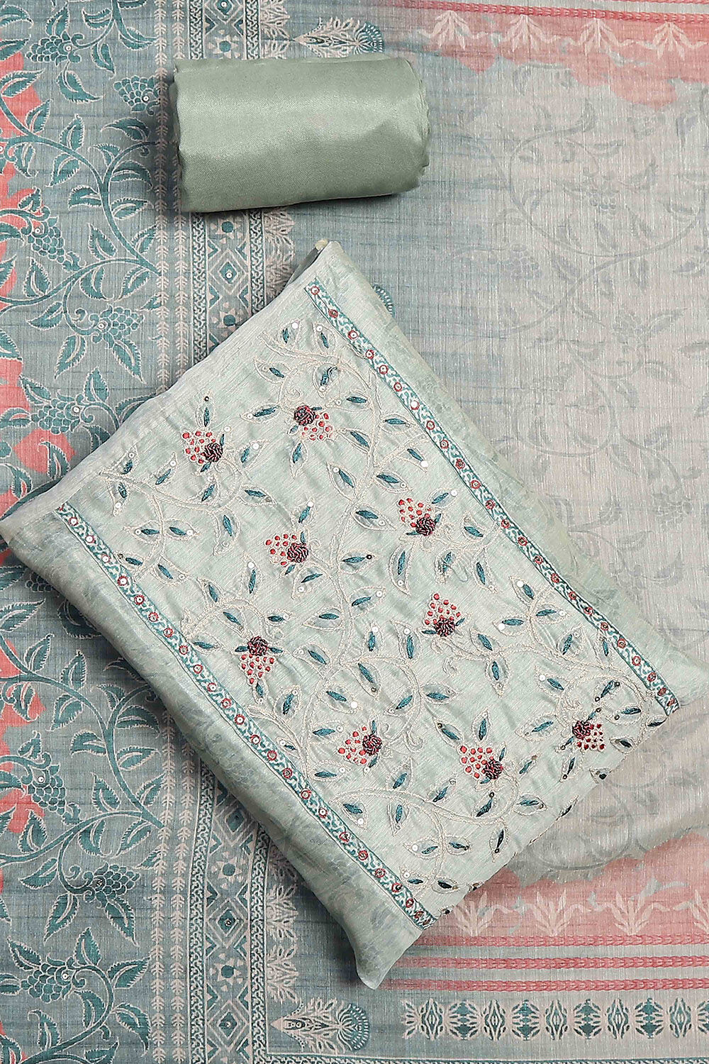 Teal Chanderi Hand Embroidered Unstitched Suit Set image number 0