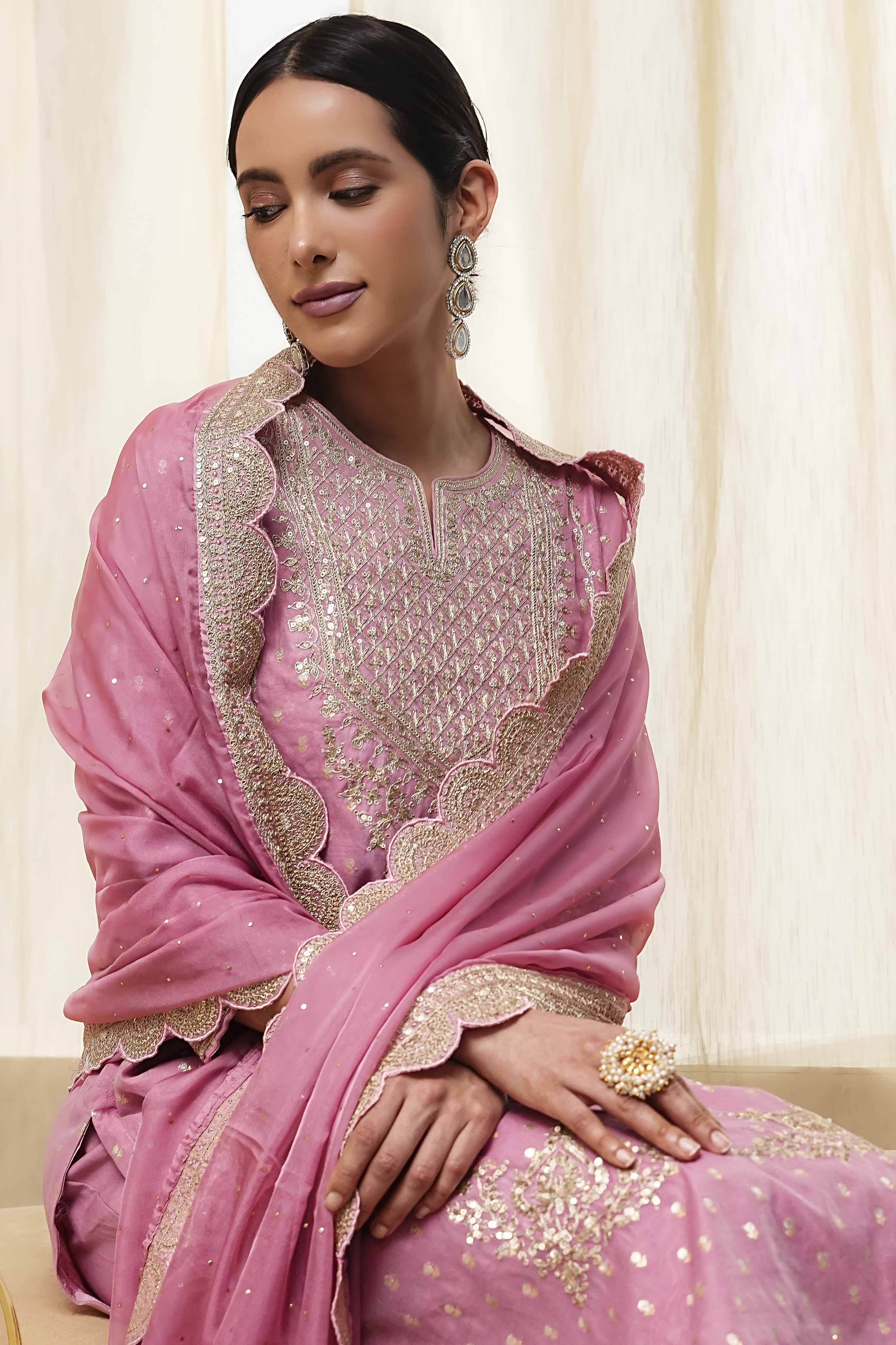 Powder Pink Embroidered Straight Suit Set image number 6