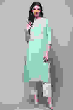 Aqua Blue Cotton Straight Kurta image number 5