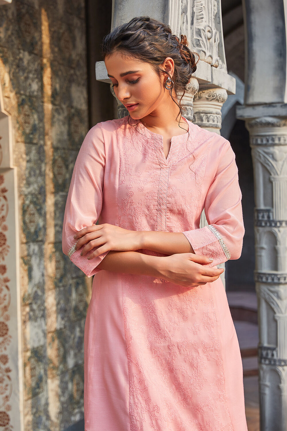 Rose Pink Yard-Dyed Threadwork A-Line Kurta image number 0