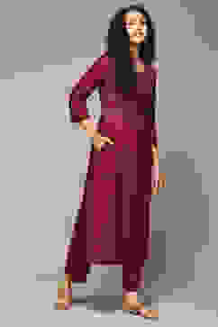 Maroon Rayon Straight Kurta Pants Suit Set image number 5