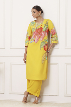Yellow Cotton Floral Printed Straight Kurta Set