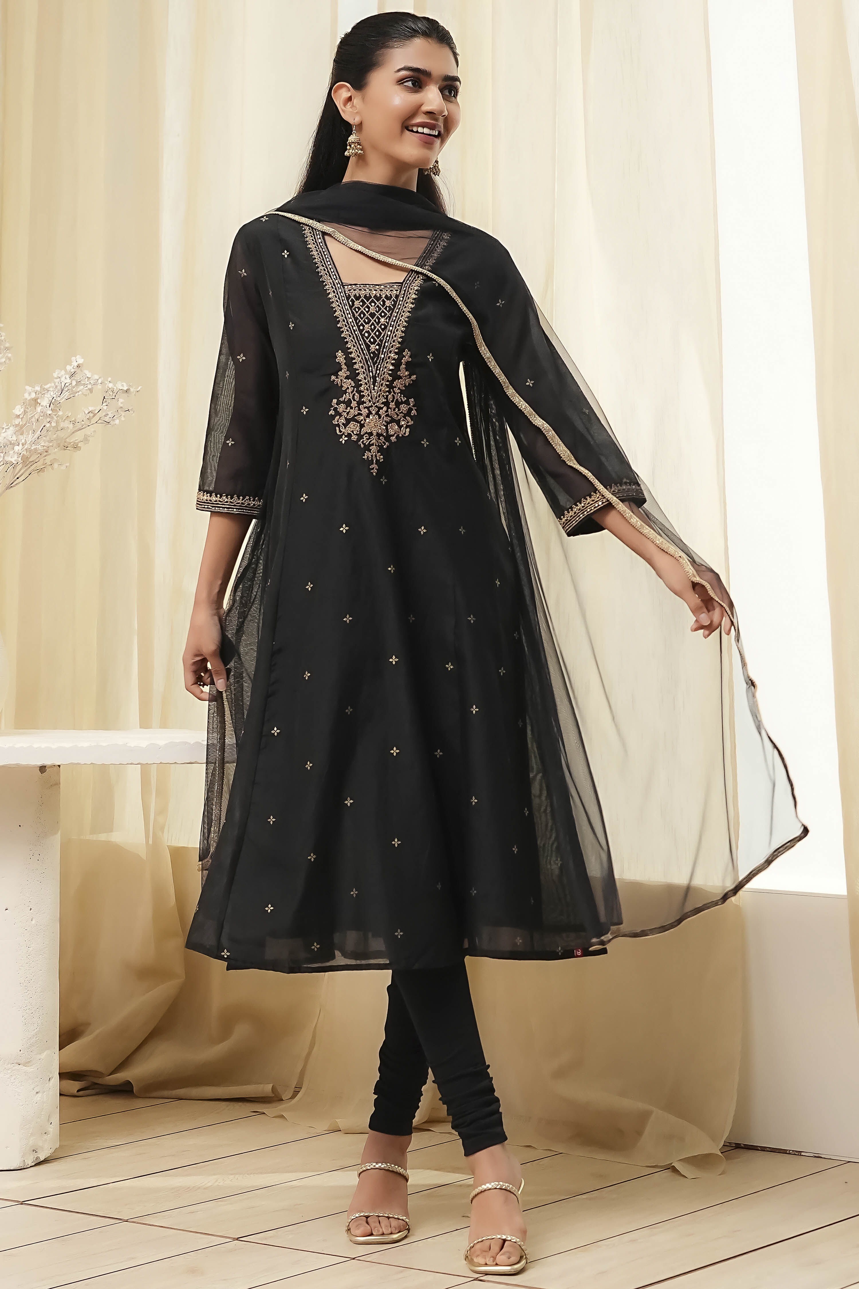 Black Poly Modal Kalidar Suit Set image number 6