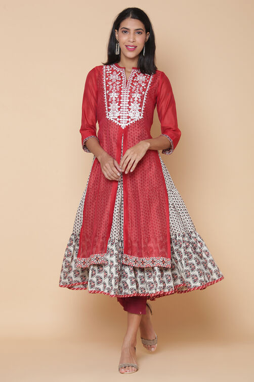 Terracotta Cotton Silk Double Layered Embroidered Kurta image number 4