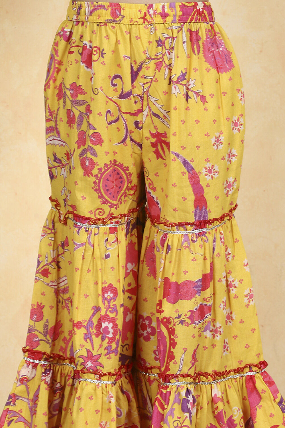 Yellow Cotton Printed Kalidar Sharara Suit Set image number 2