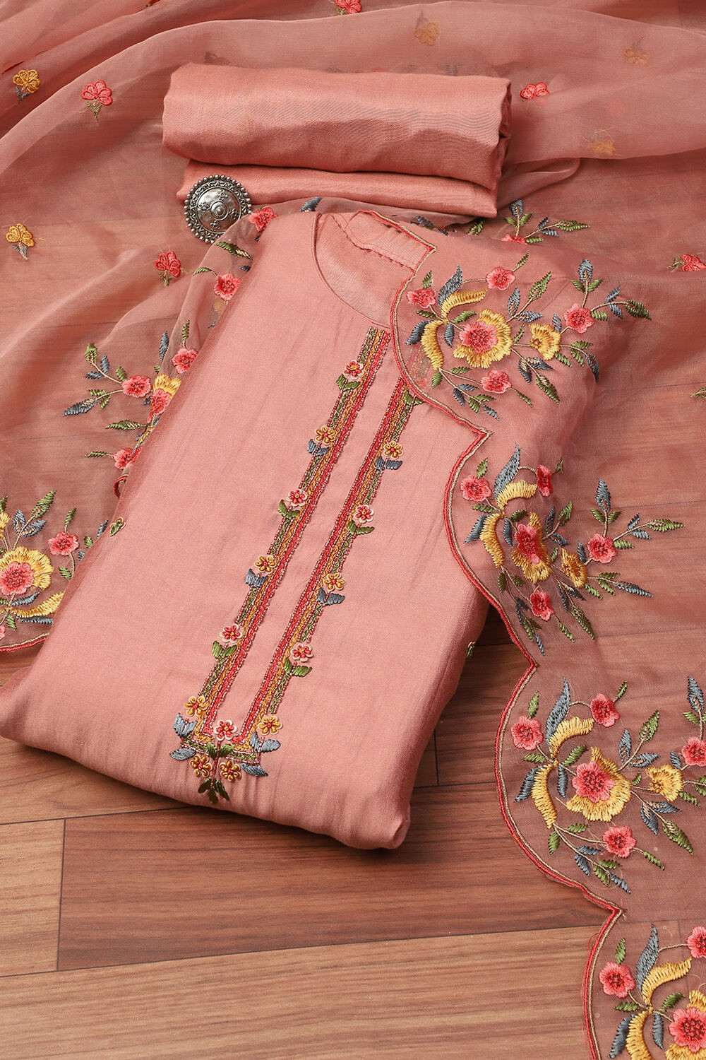 Pink Banarasi Silk Machine Embroidered Unstitched Suit Set image number 0