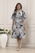 Black Cotton Poplin Floral Printed Flared Dress image number 5