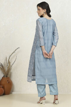 Blue Chanderi Machine Embroidered Unstitched Suit Set image number 5