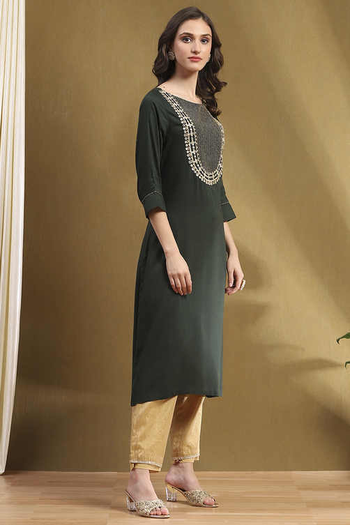 Green Solid Straight Kurta image number 4