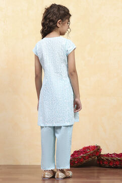 Powder Blue Cotton Straight Printed Kurta Pants Set image number 4