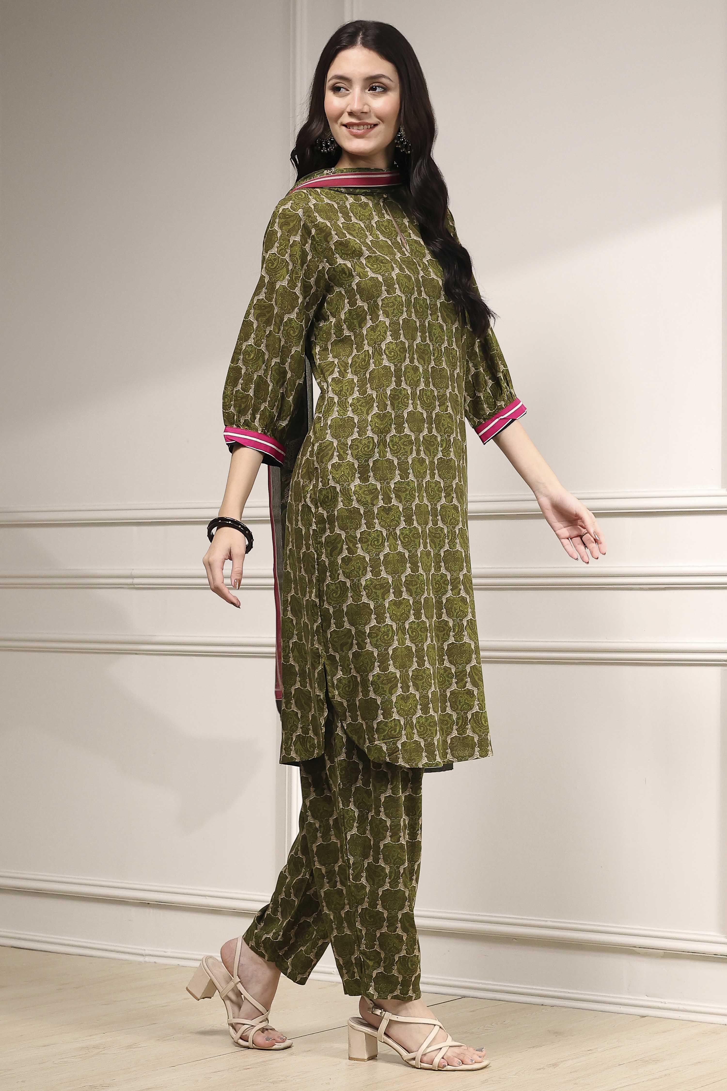 Olive Green Printed Straight Suit Set image number 5