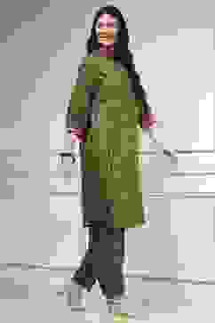 Olive Green Printed Straight Suit Set image number 5