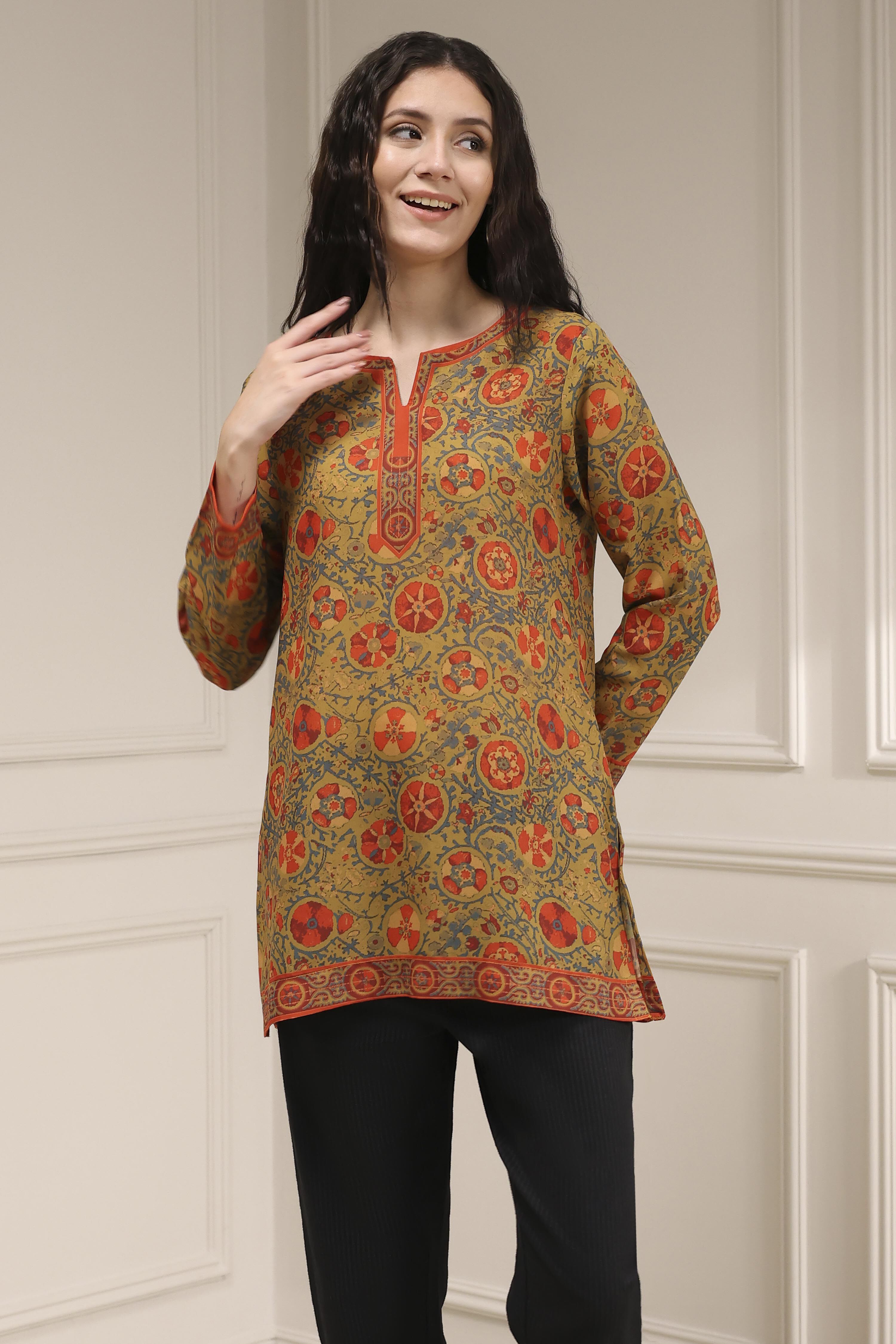 Mustard Red Polyester Straight Printed Short Kurta image number 5