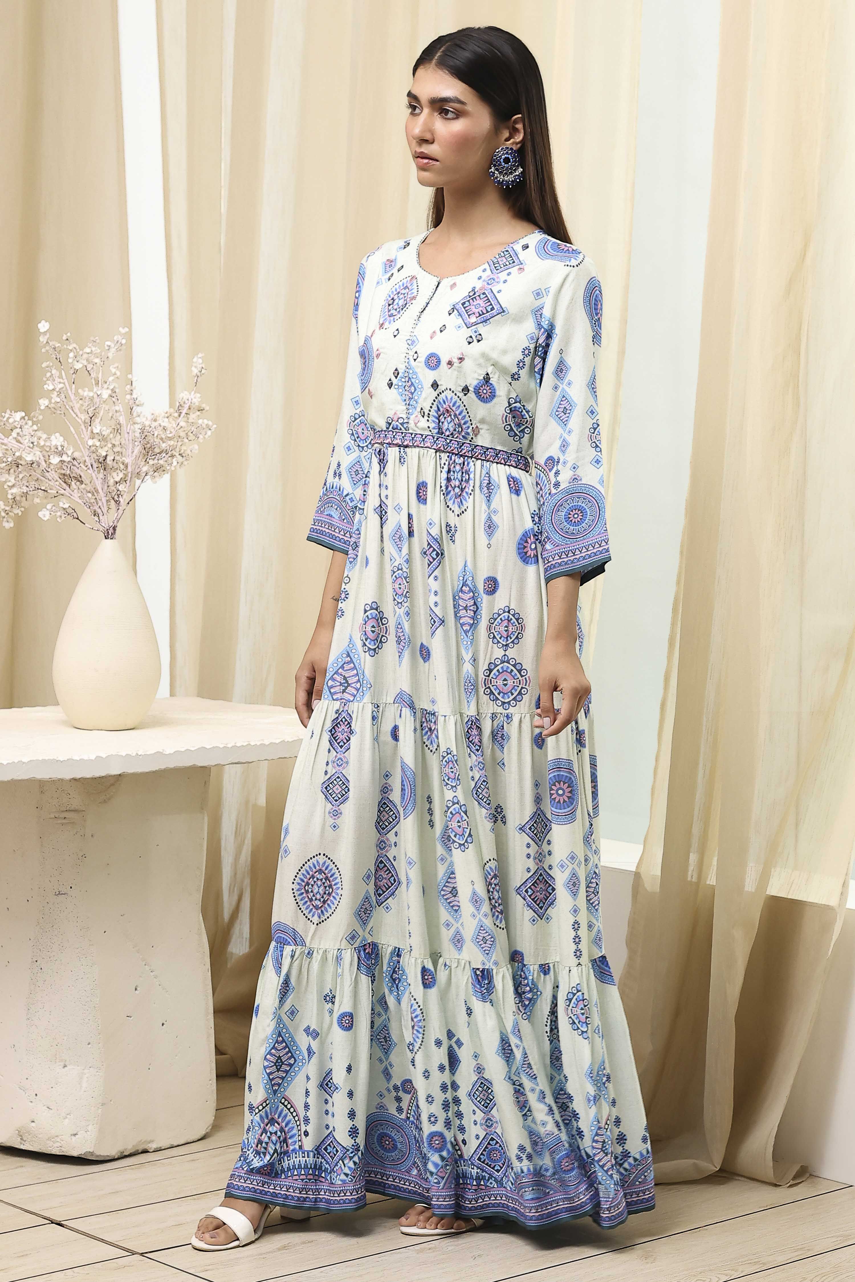 Ecru and Blue Printed Tiered Dress image number 2