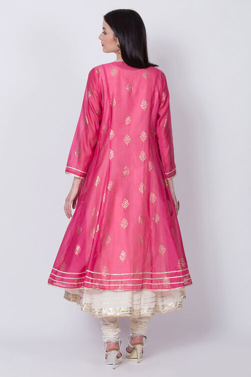 Pink Poly Cotton Front Open Kurta Churidar Suit Set image number 5