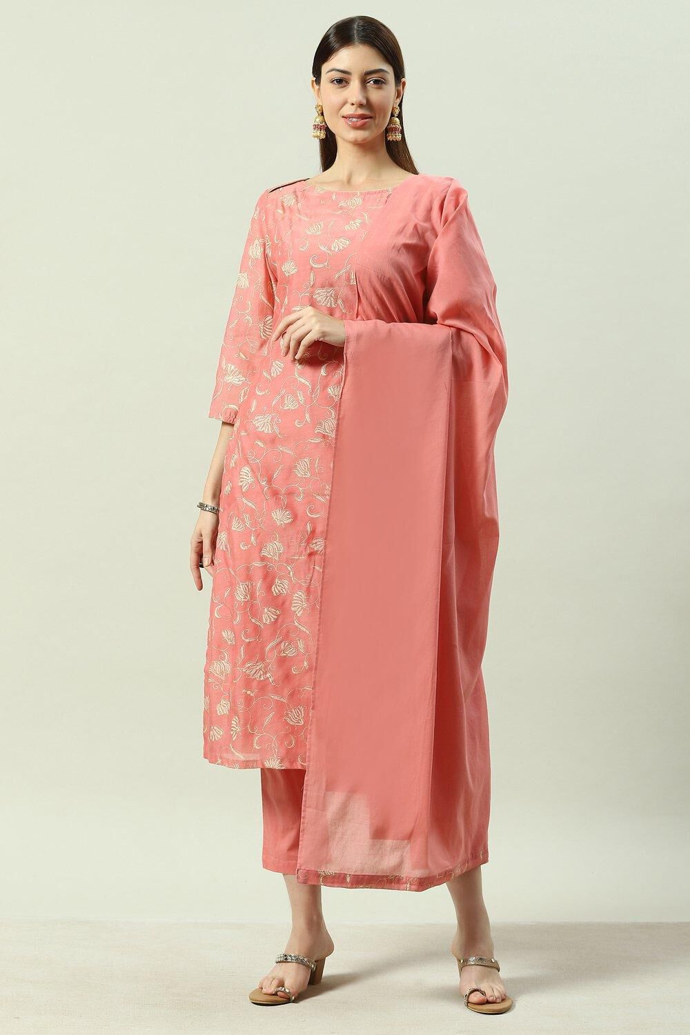 Blush Pink Cotton Blend Straight Kurta Pant Suit Set image number 0