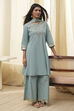 Dull Blue Cotton Embroidered Kalidar Suit Set image number 0