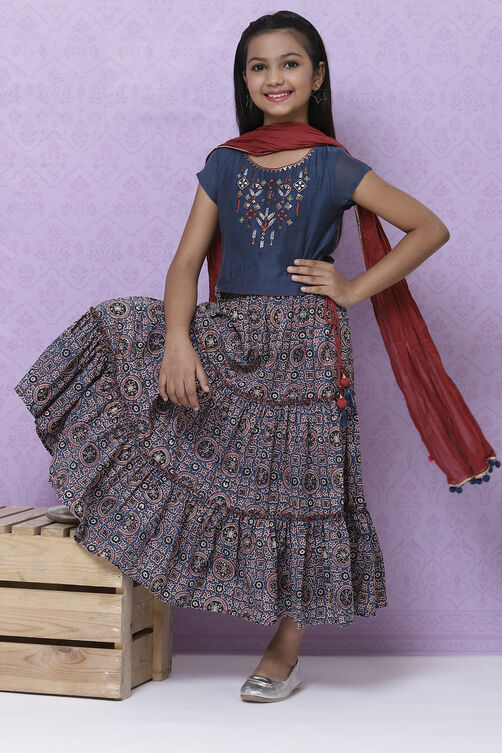 Teal Poly Cotton Girls Lehenga Set image number 7