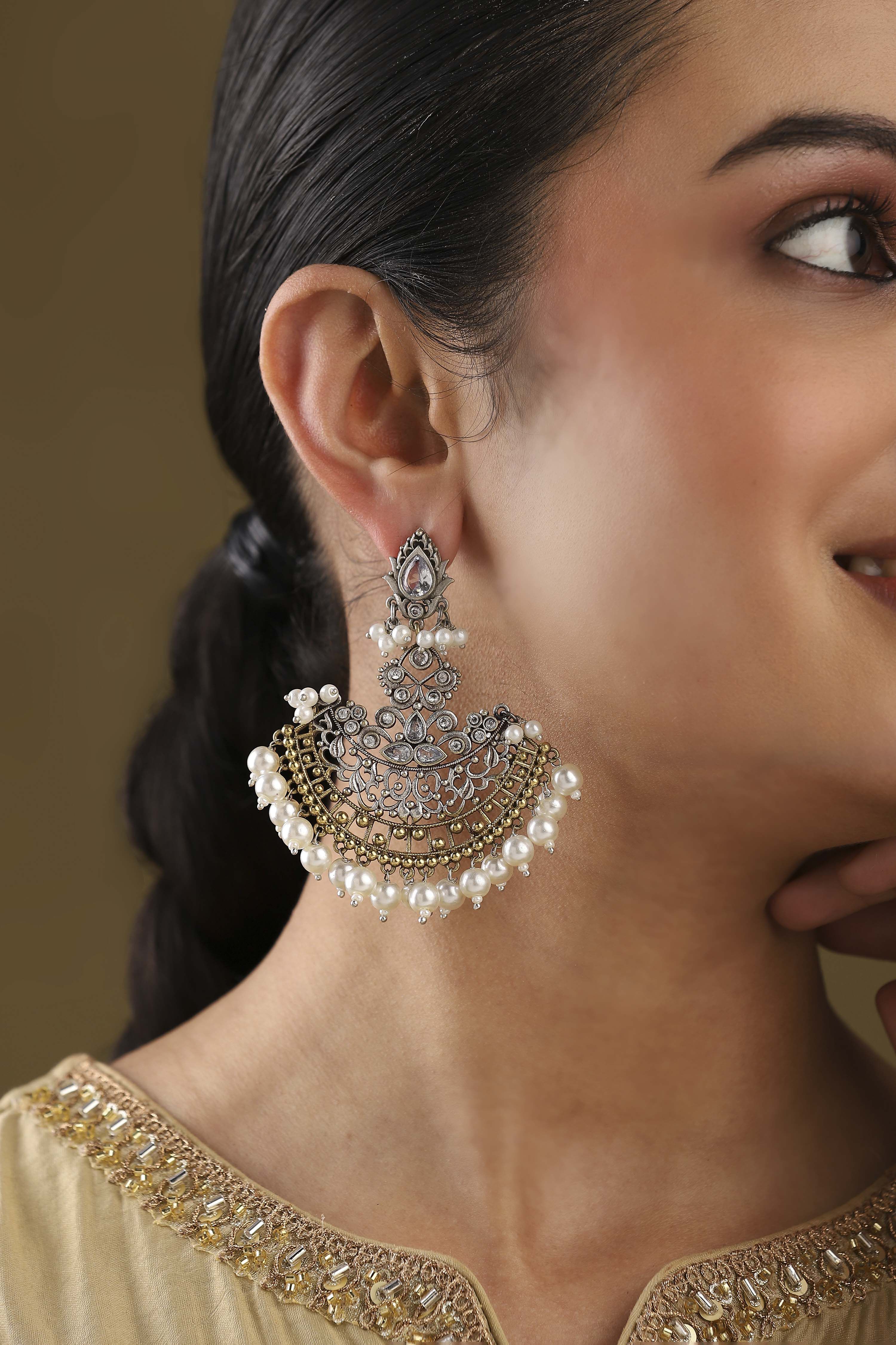 Gold & Silver Toned Oxidised Brass Studded Chandbalis image number 1