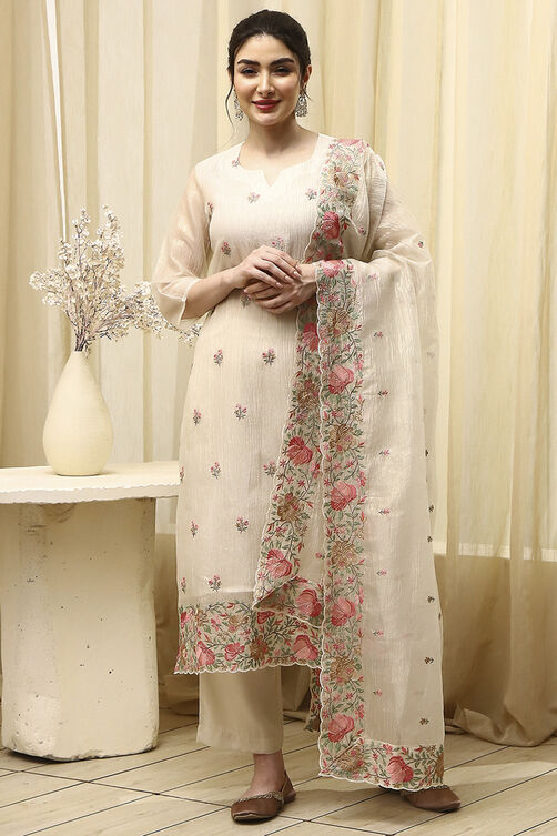 Beige Tissue Machine Embroidered Unstitched Suit Set image number 7