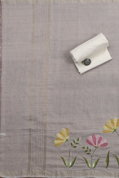 Off White Chanderi Hand Painted Unstitched Suit Set image number 3