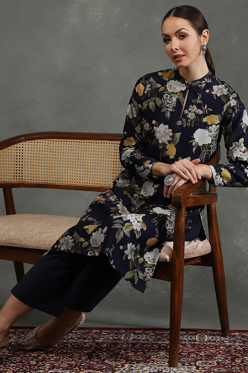 Rohit Bal Indigo Silk Chanderi Floral Printed Straight Kurta Set image number 6