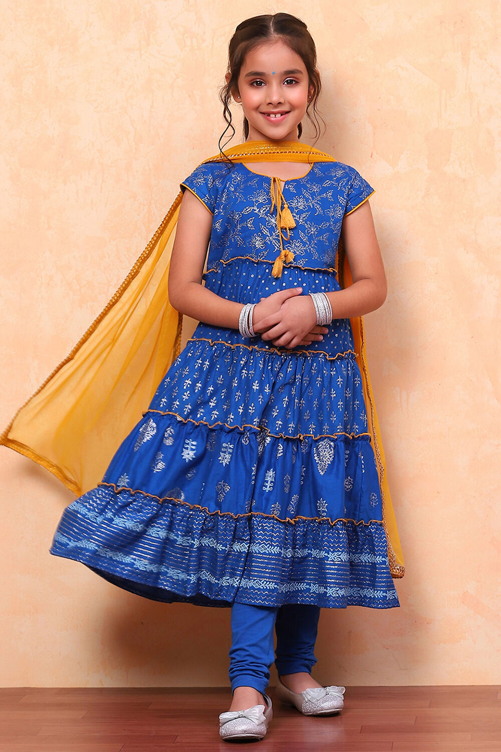 Blue Cotton Printed Tiered Festive Flared Suit Set image number 0