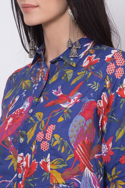 Blue Cotton Flared Fusion Wear Dress image number 1