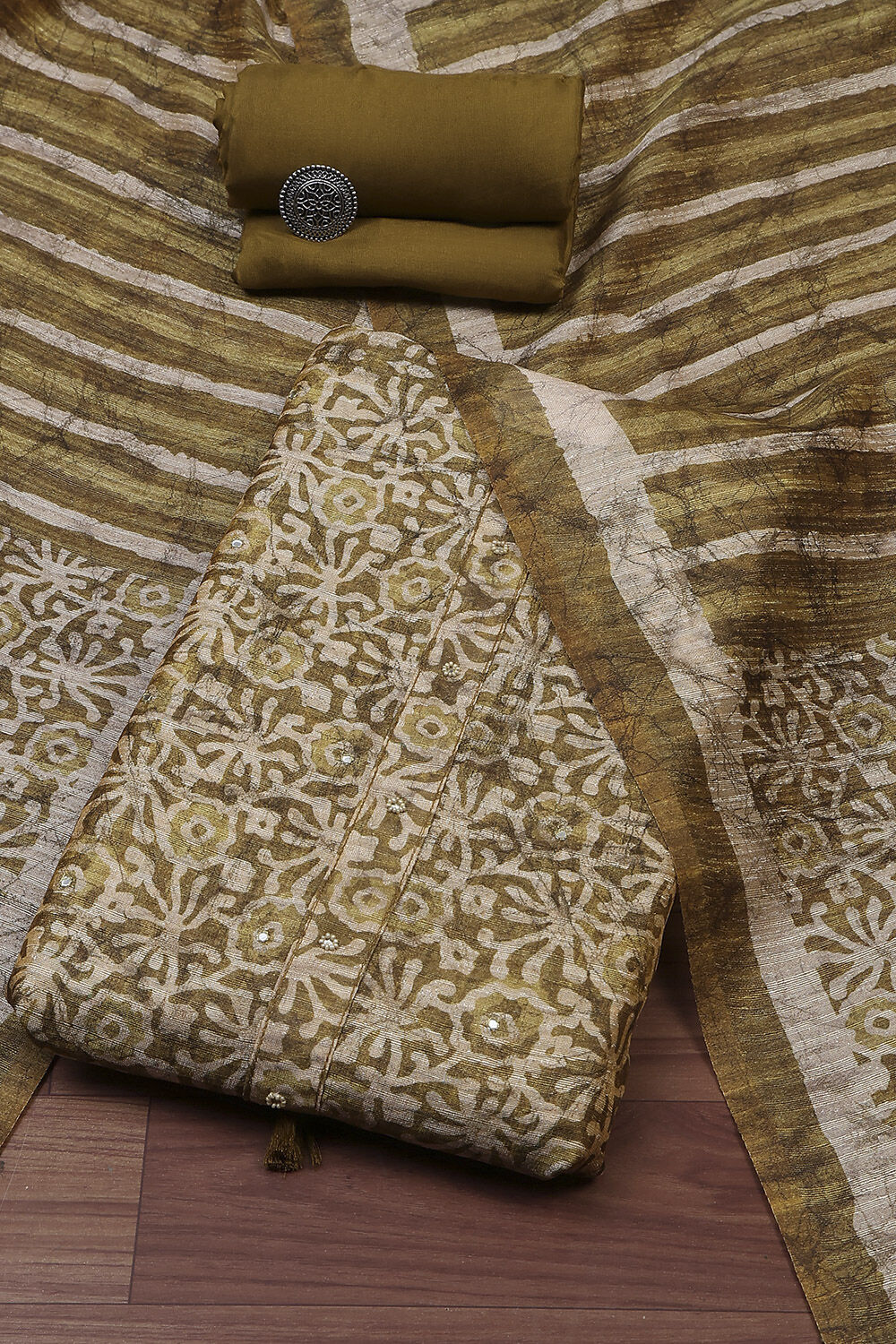 Rust Silk Blend Printed Unstitched Suit Set image number 0