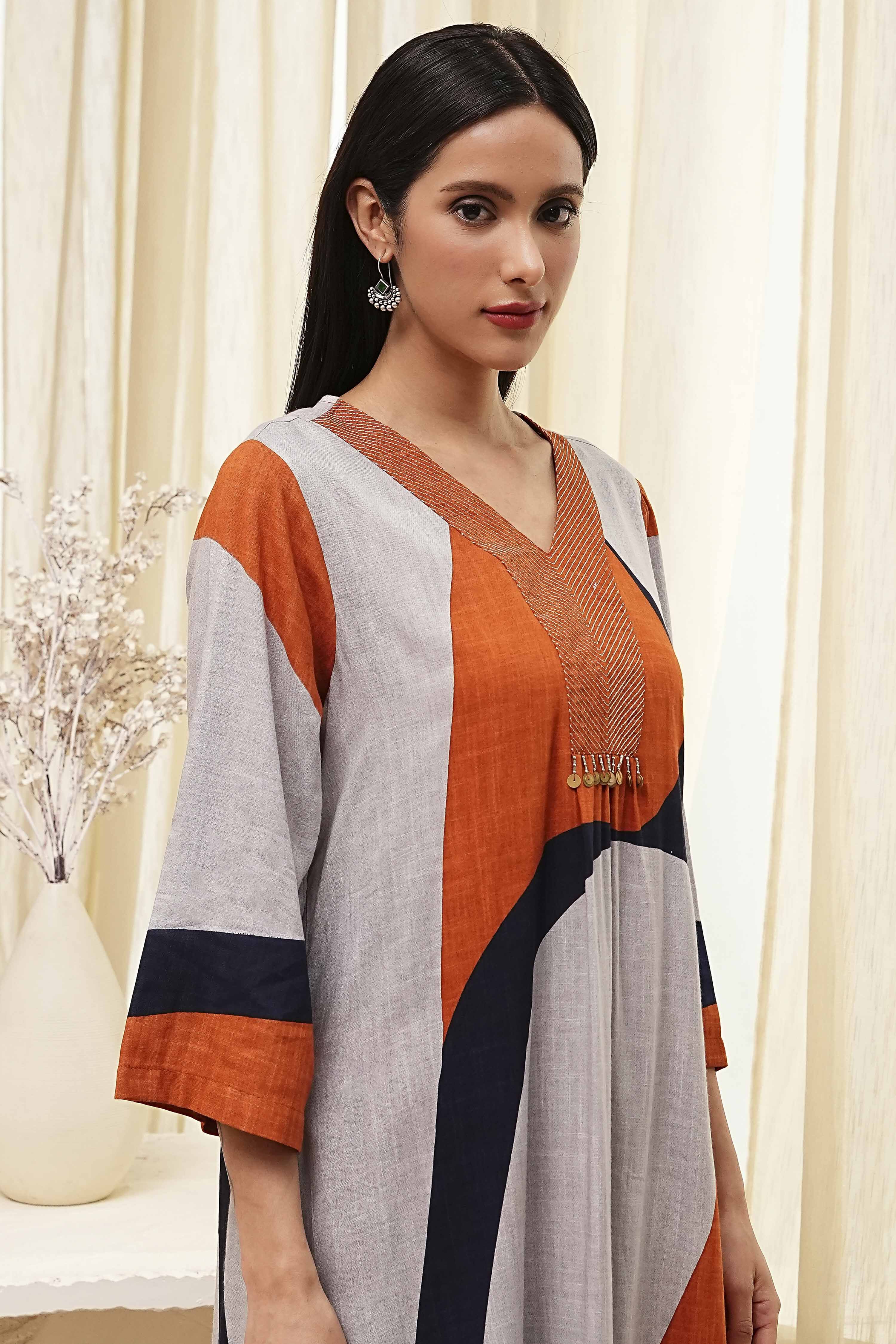 Orange and Beige Printed Straight Suit Set image number 1