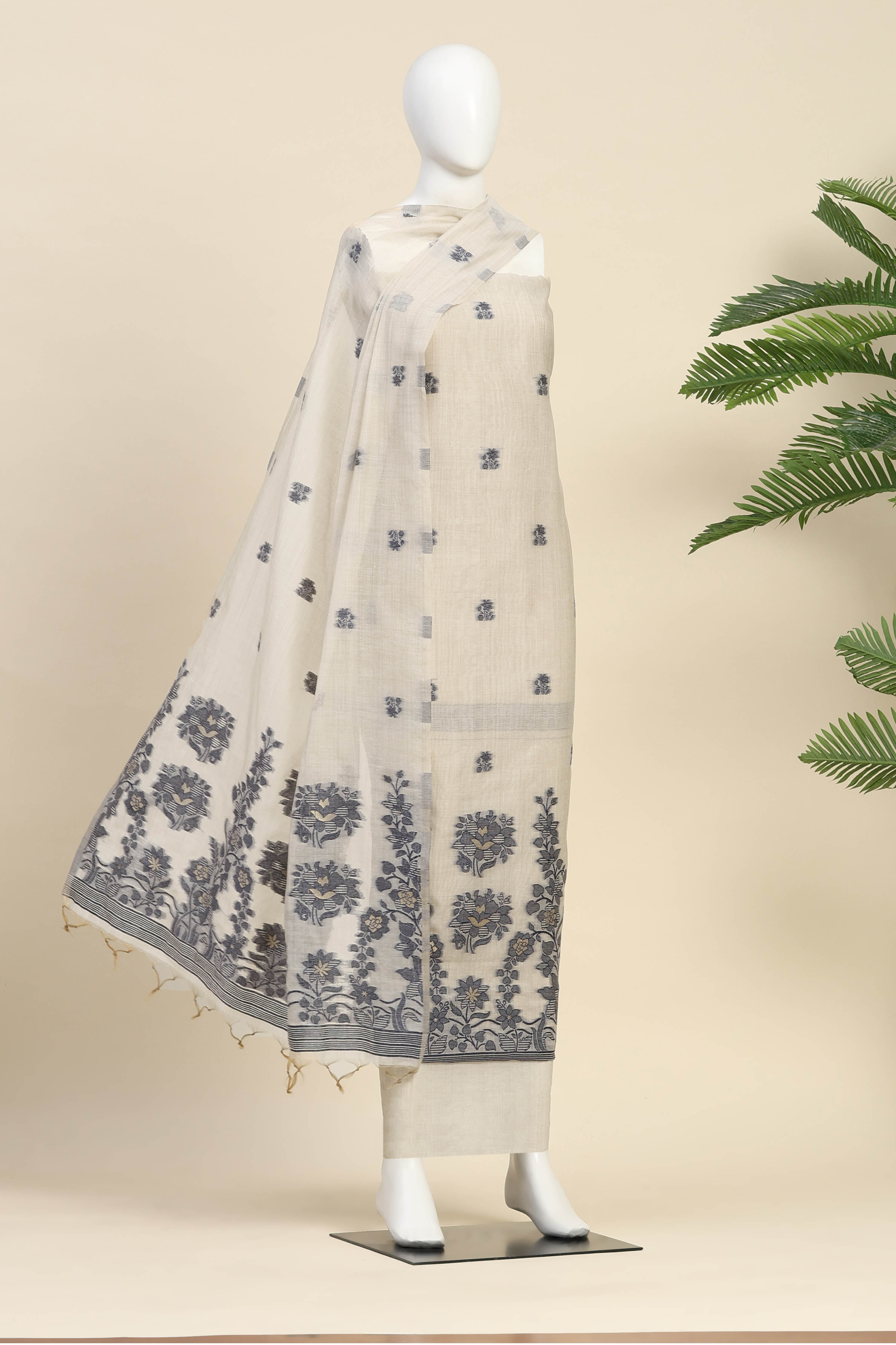 Blue Chanderi Printed Unstitched Suit Set image number 4